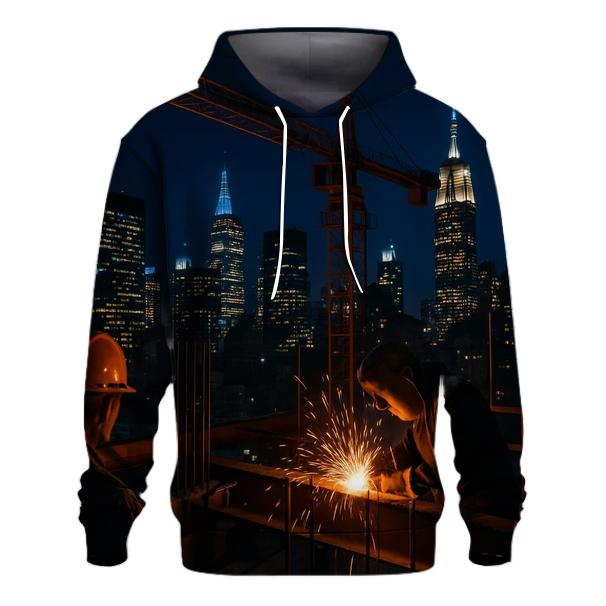 Nighttime Construction Crane Above Midtown Skyline premium hoodies
