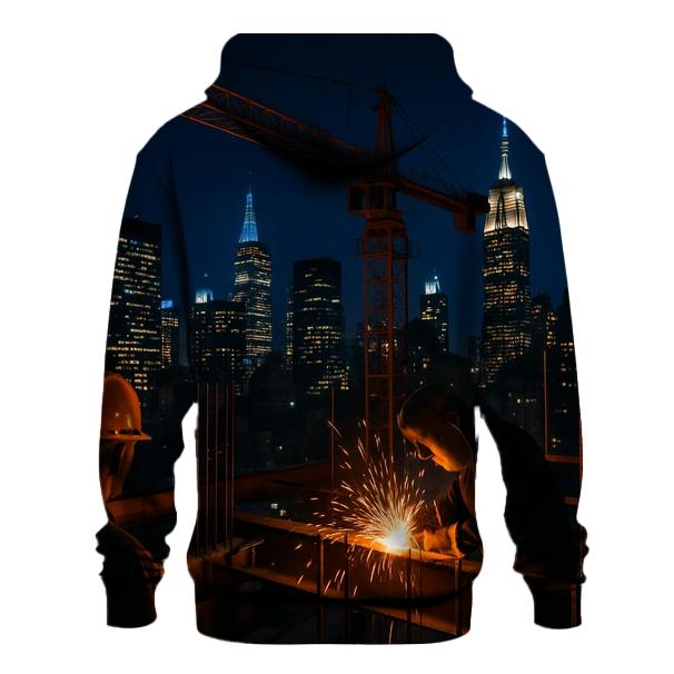 Nighttime Construction Crane Above Midtown Skyline premium hoodies