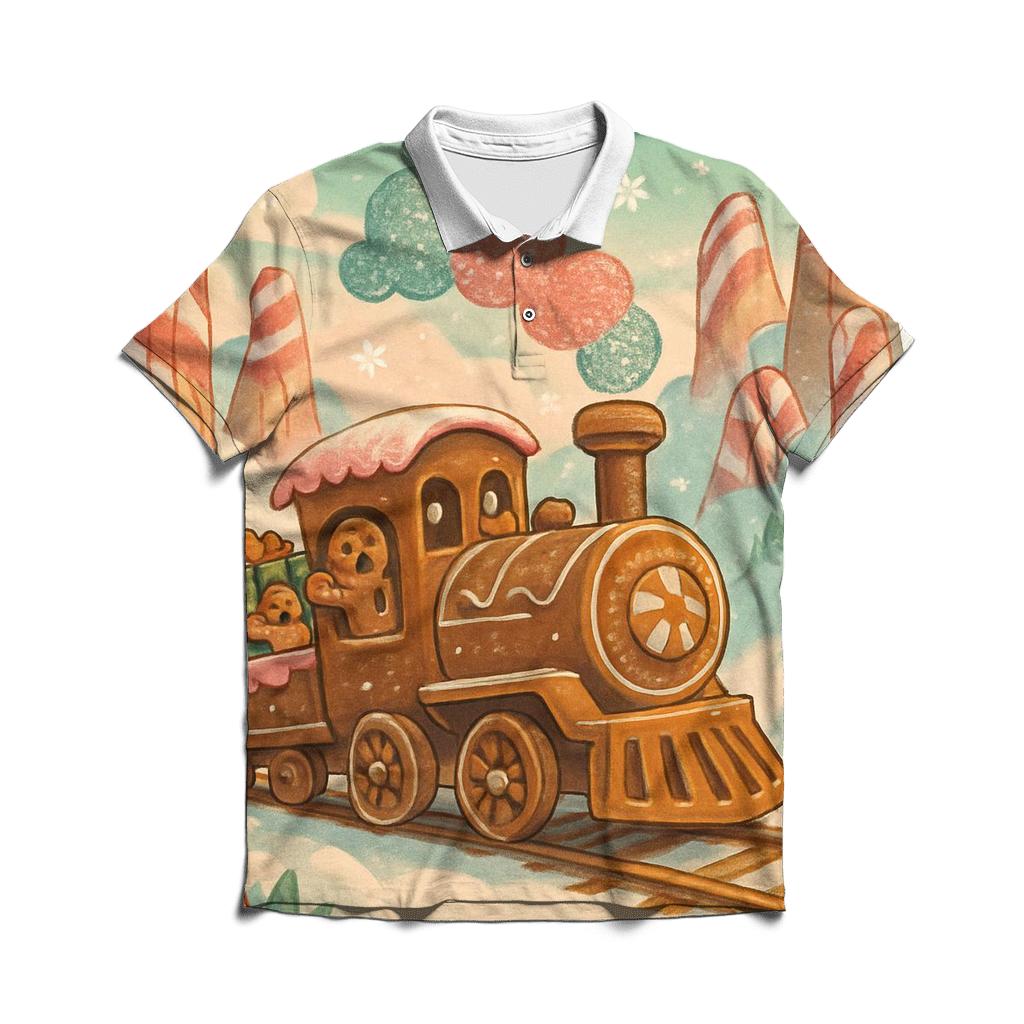 Gingerbread Train Through Candy Cane Canyon custom polo shirts