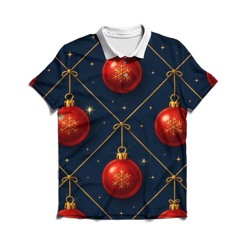 Crimson Christmas Ornaments Lattice On Midnight Field premium cotton polo shirts