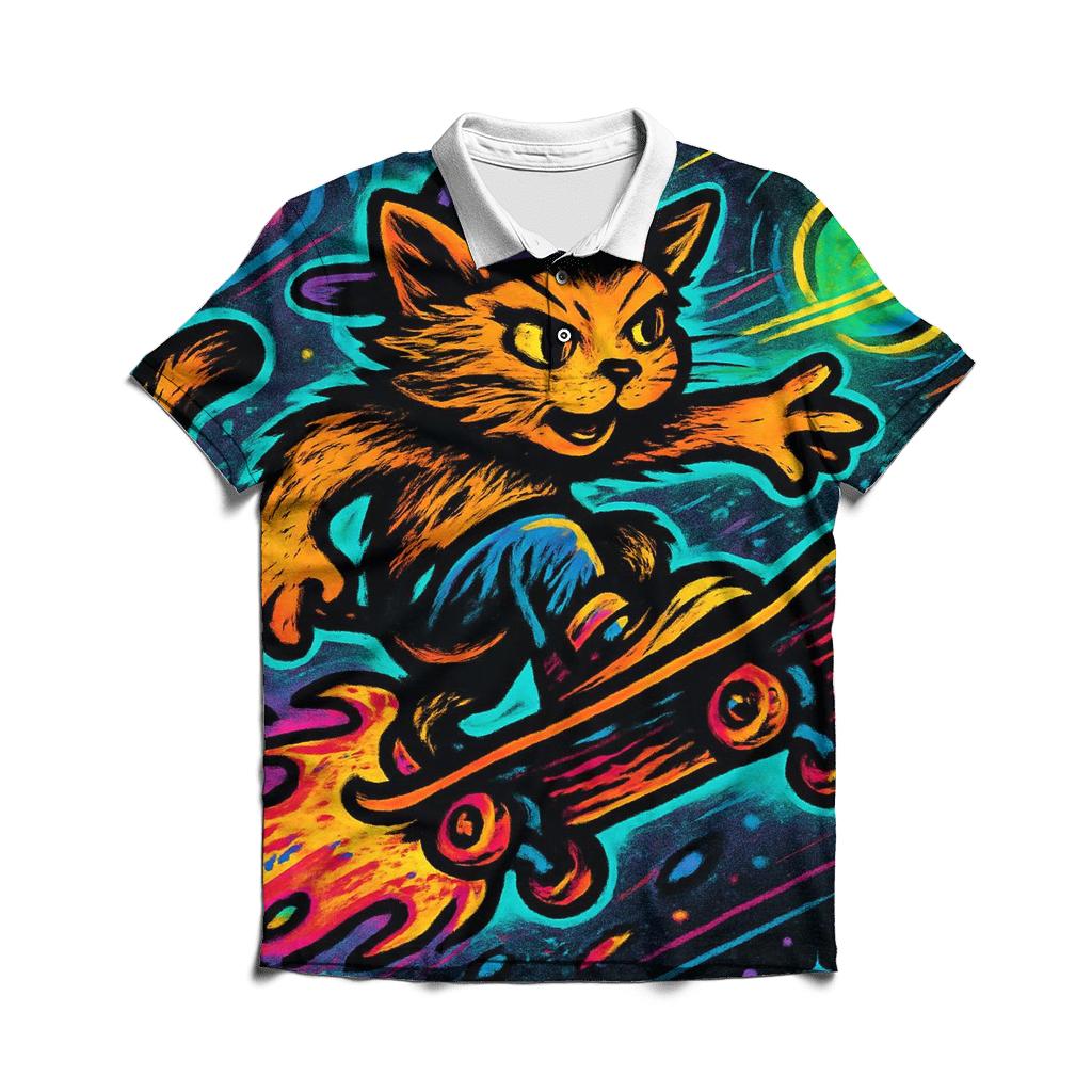 Galactic Skater Cat Comet Ride embroidered polo tops