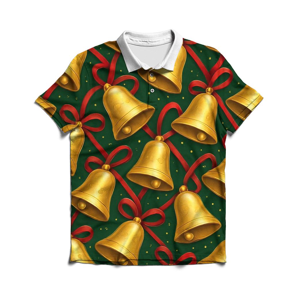 Golden Christmas Bells Tessellation On Forest Green designer slim fit polos