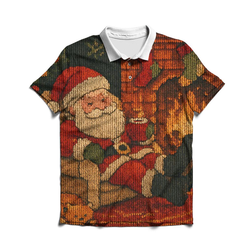 Cozy Fireplace Knitted Santa Scene custom polo shirts