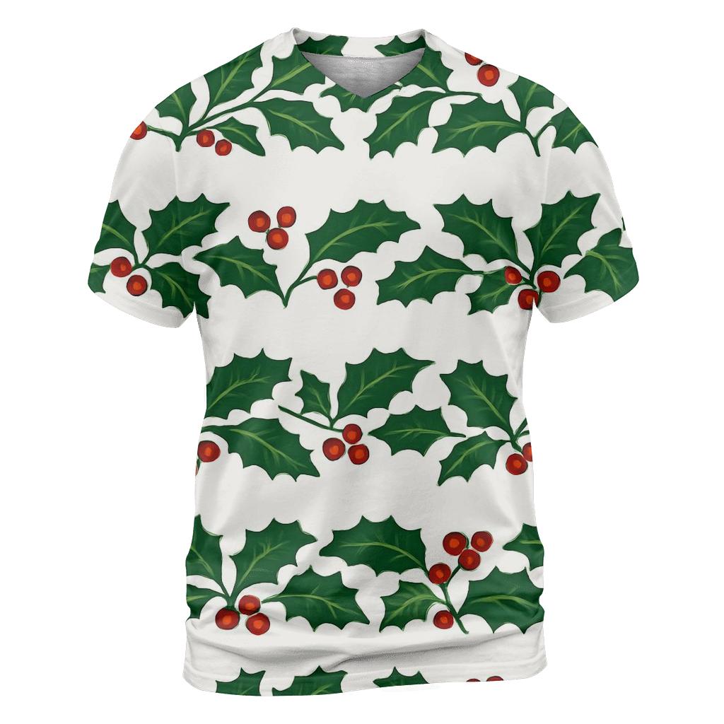 Green Holly Garland Wave On Snow White vibrant all-over design tees