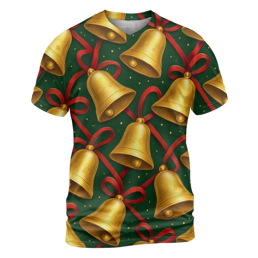 Golden Christmas Bells Tessellation On Forest Green personalized full print shirts