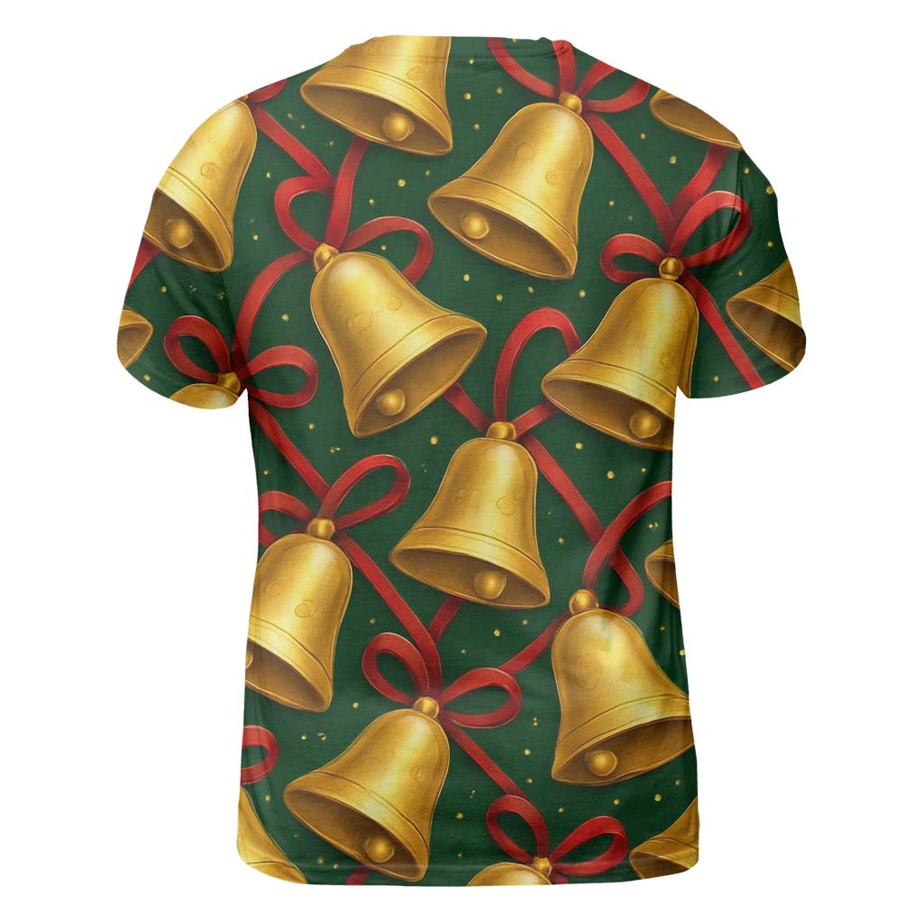 Golden Christmas Bells Tessellation On Forest Green personalized full print shirts