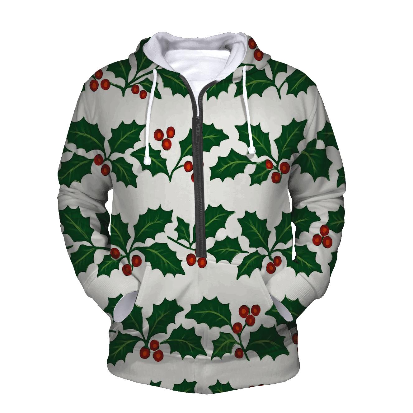 Green Holly Garland Wave On Snow White embroidered hoodies