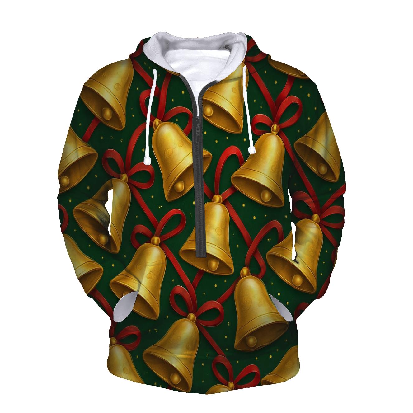 Golden Christmas Bells Tessellation On Forest Green lightweight hoodies