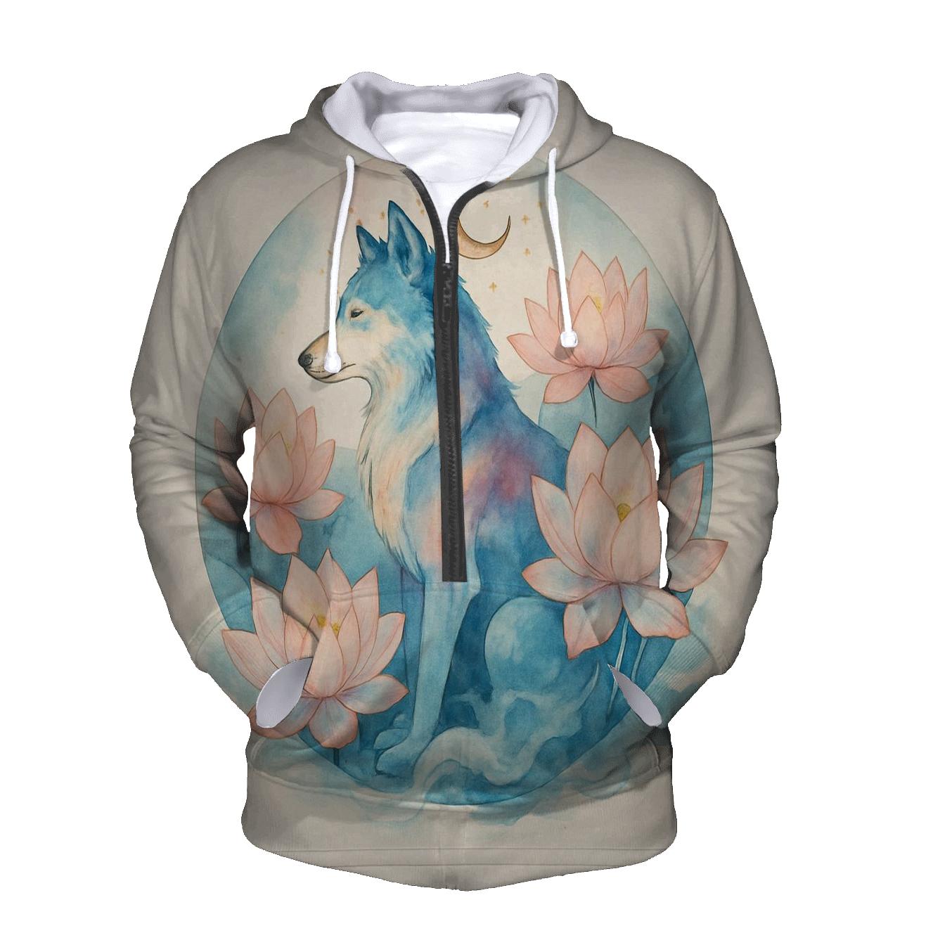 Celestial Lotus Moon Wolf graphic hoodies