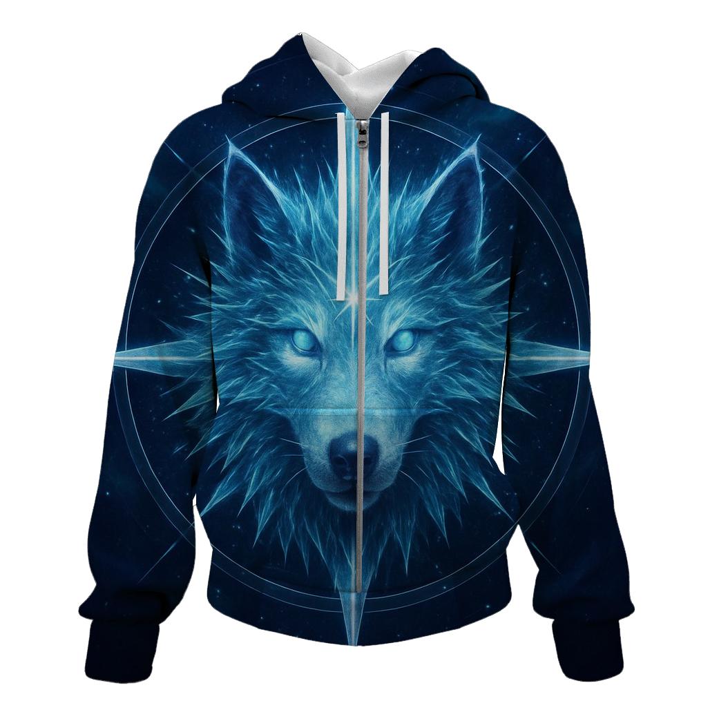 Celestial Frost Wolf Compass printed hoodies
