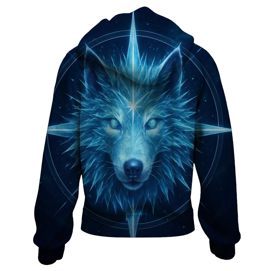 Celestial Frost Wolf Compass printed hoodies