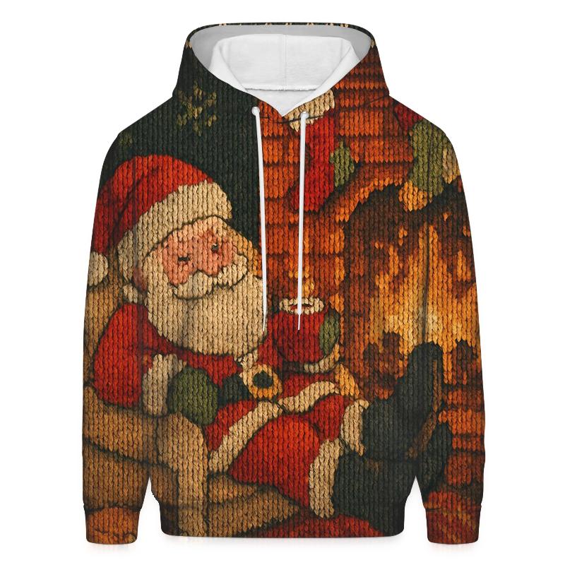 Cozy Fireplace Knitted Santa Scene printed hoodies