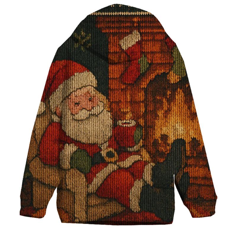 Cozy Fireplace Knitted Santa Scene printed hoodies