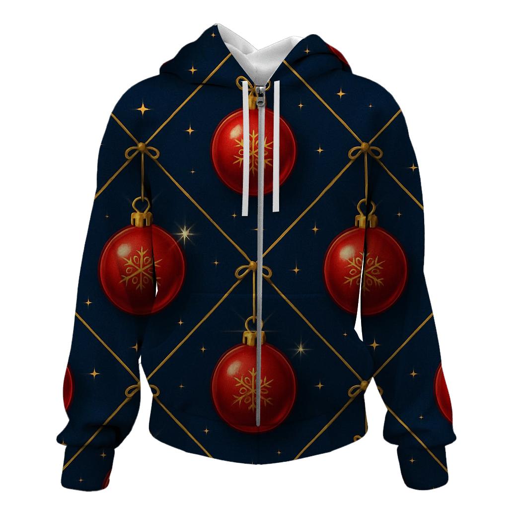Crimson Christmas Ornaments Lattice On Midnight Field embroidered hoodies