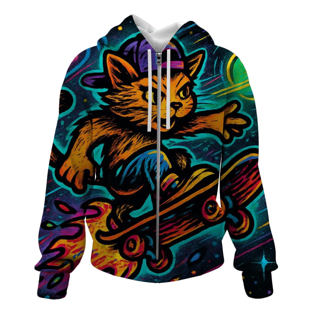 Galactic Skater Cat Comet Ride zip-up hoodies
