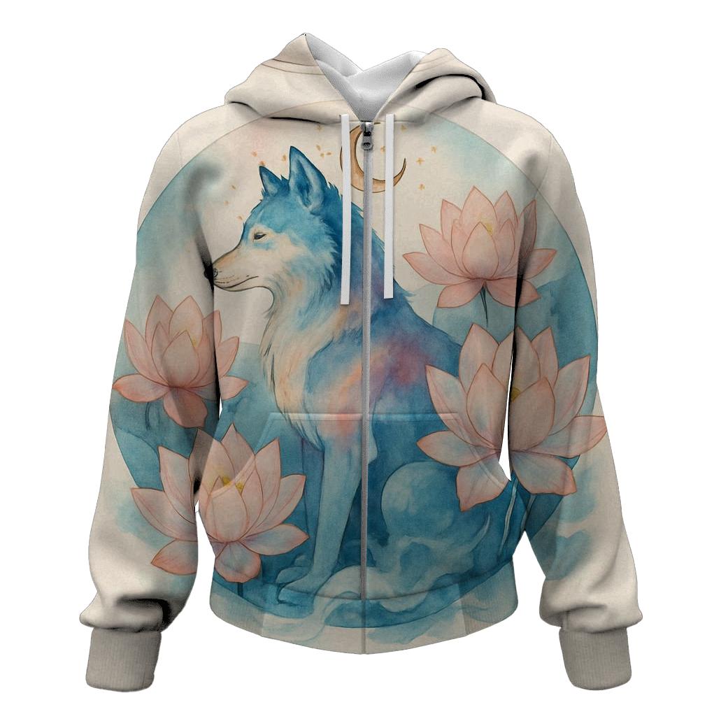 Celestial Lotus Moon Wolf custom hoodies
