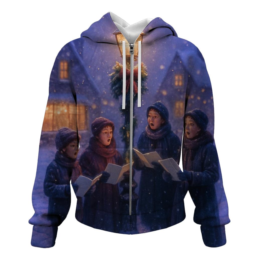 Snowy Village Carolers At Dusk lightweight hoodies