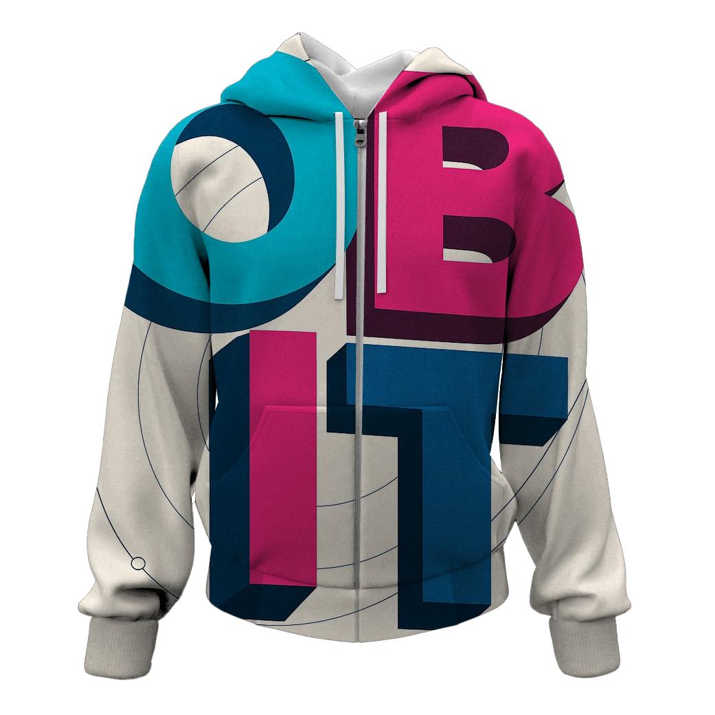 Prismatic Orbit Typography zip-up hoodies
