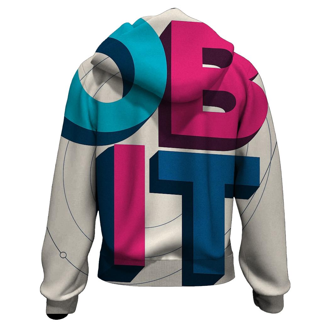 Prismatic Orbit Typography zip-up hoodies