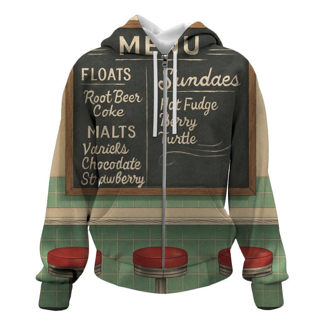 Retro Soda Fountain Menu Board zip-up hoodies