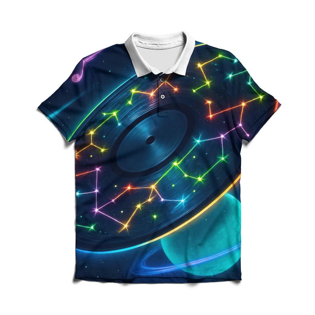 Orbiting Vinyl Skies embroidered polo tops
