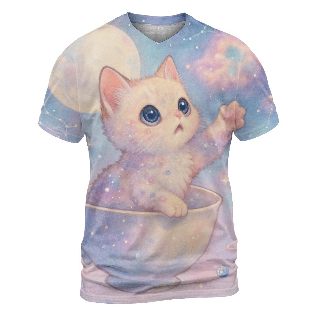 Starlit Teacup Voyager Cat vibrant all-over design tees