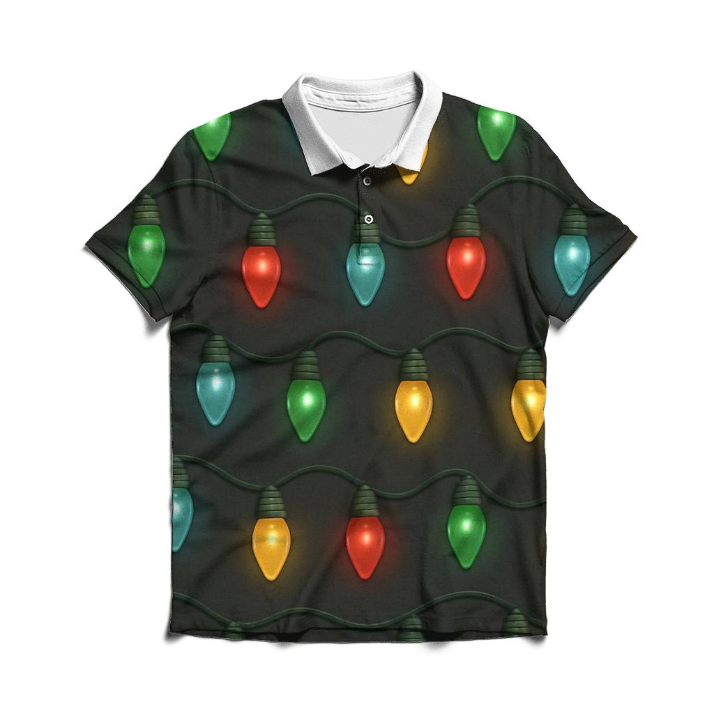 Christmas Light Bulb Loop On Charcoal embroidered polo tops
