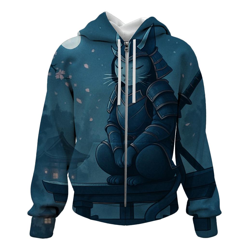 Moonlit Shrine Samurai Cat embroidered hoodies