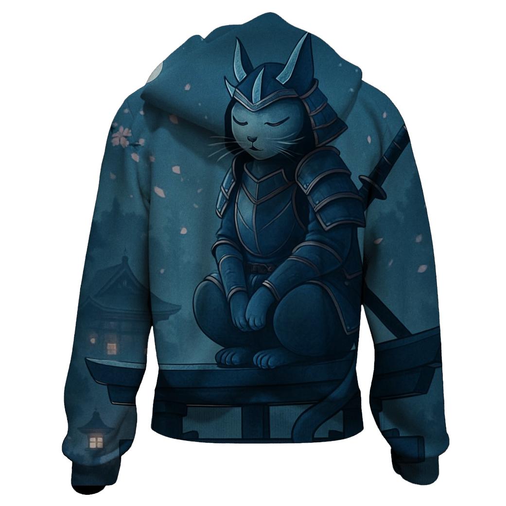 Moonlit Shrine Samurai Cat embroidered hoodies