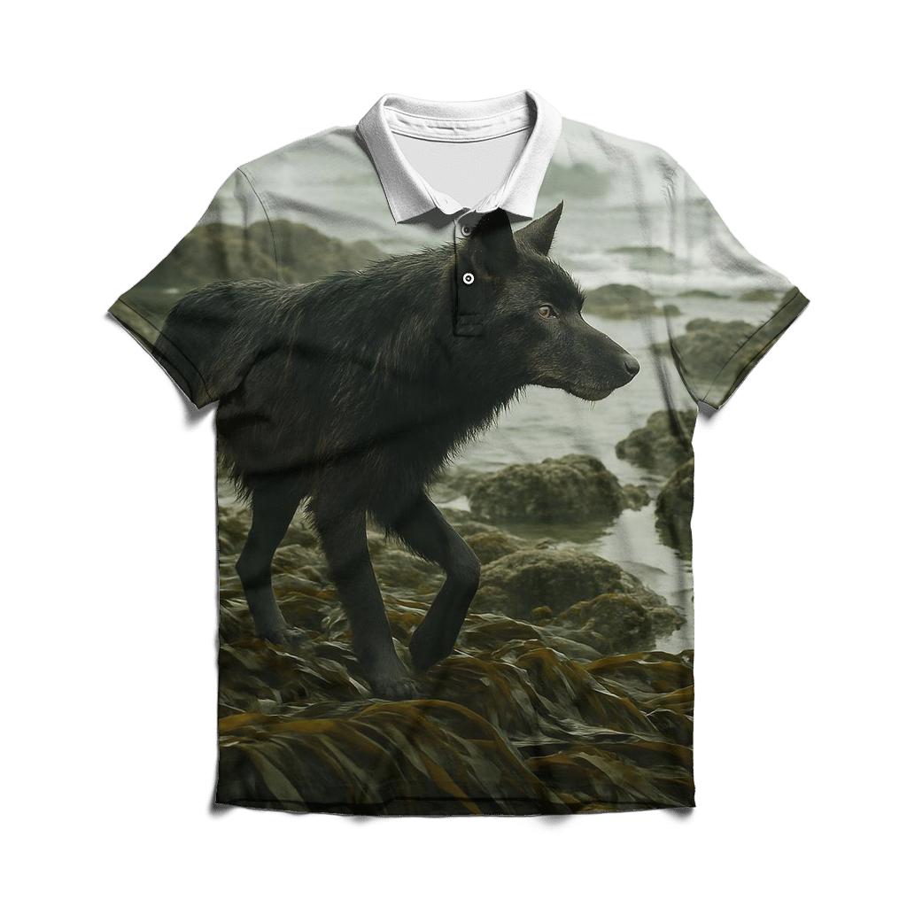 Coastal Wolf In Kelp Forest Shoreline designer slim fit polos