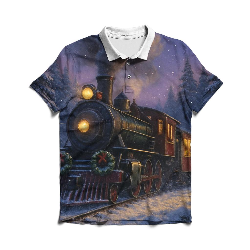 Christmas Train Through The Snowy Forest casual sports polo shirts