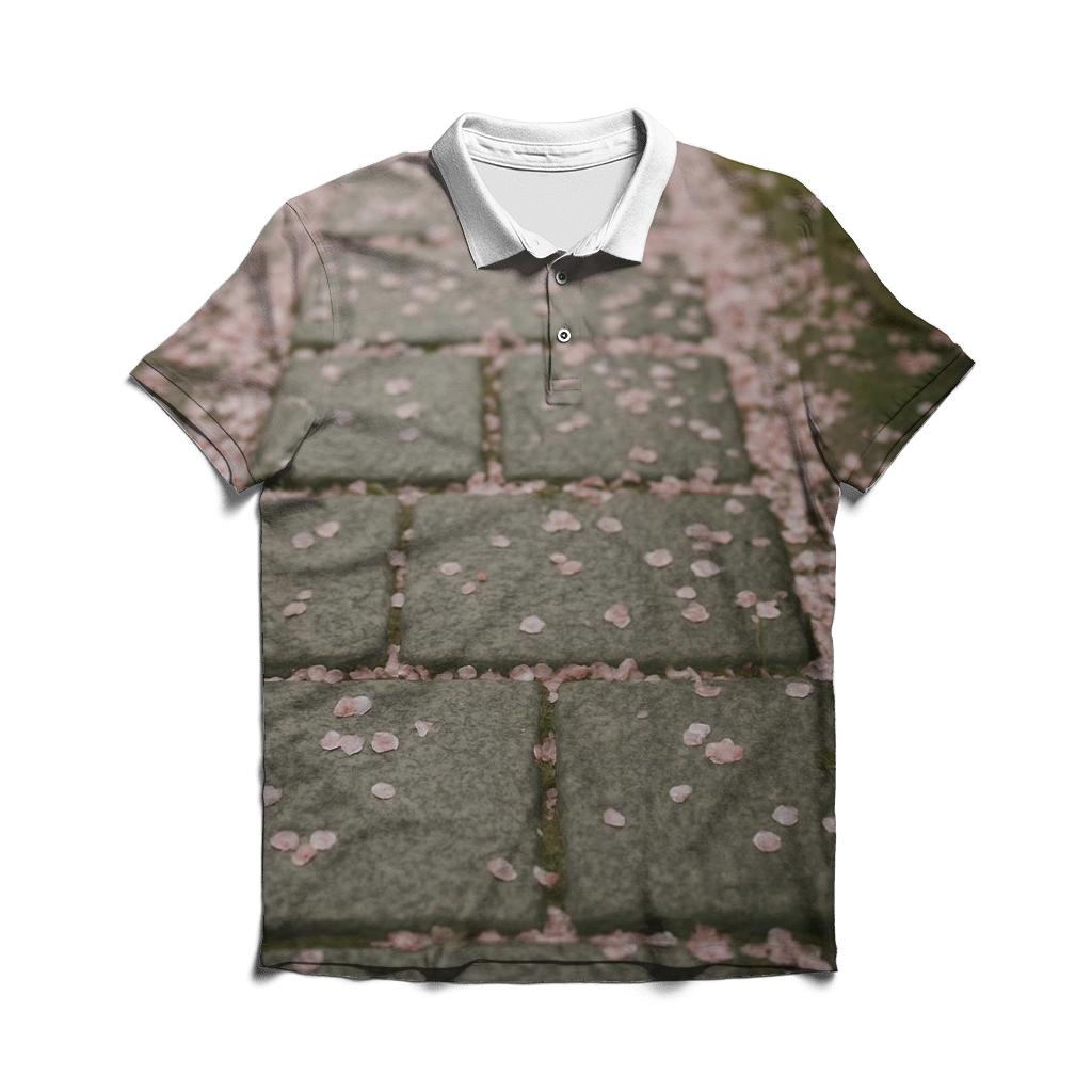 Cherry Blossom Petals On Stone Path designer slim fit polos