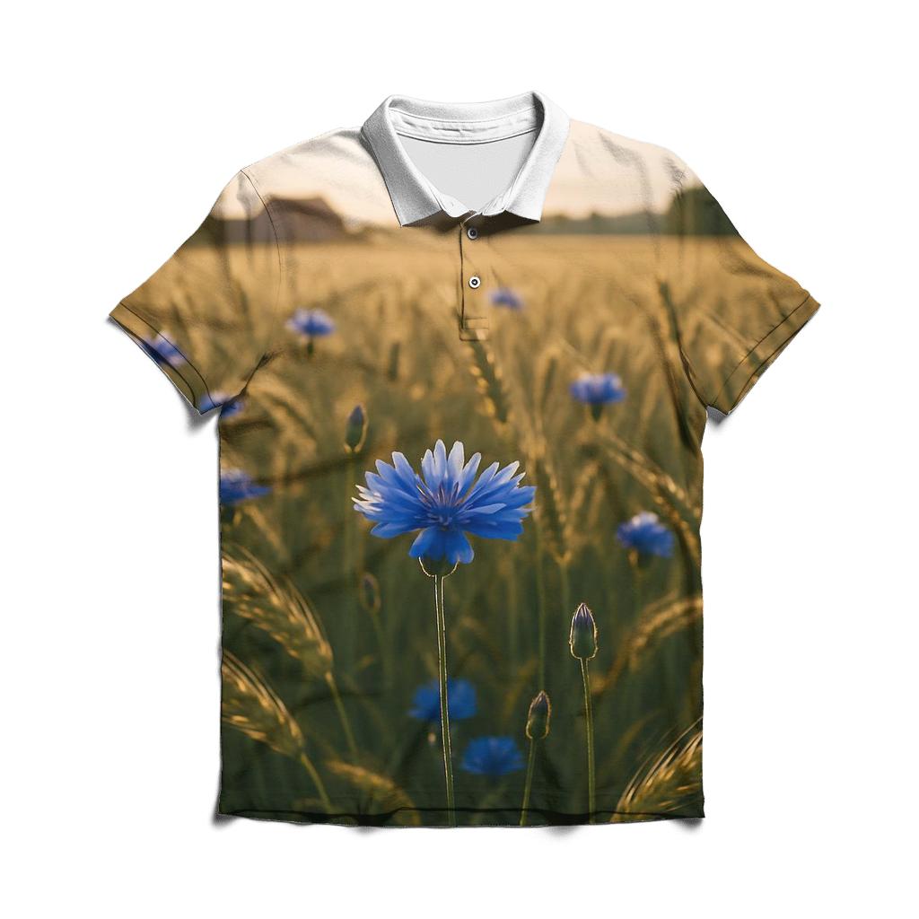 Sunlit Field Of Blue Cornflowers branded logo polo shirts