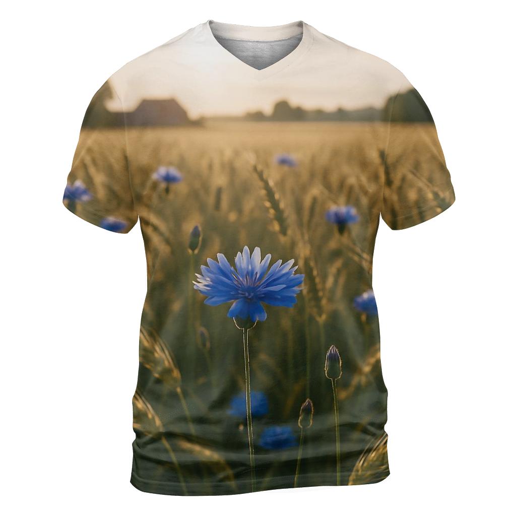 Sunlit Field Of Blue Cornflowers vibrant all-over design tees