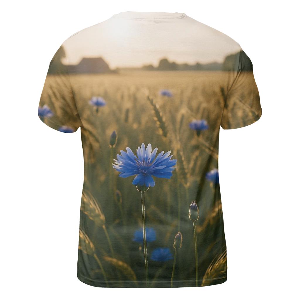 Sunlit Field Of Blue Cornflowers vibrant all-over design tees
