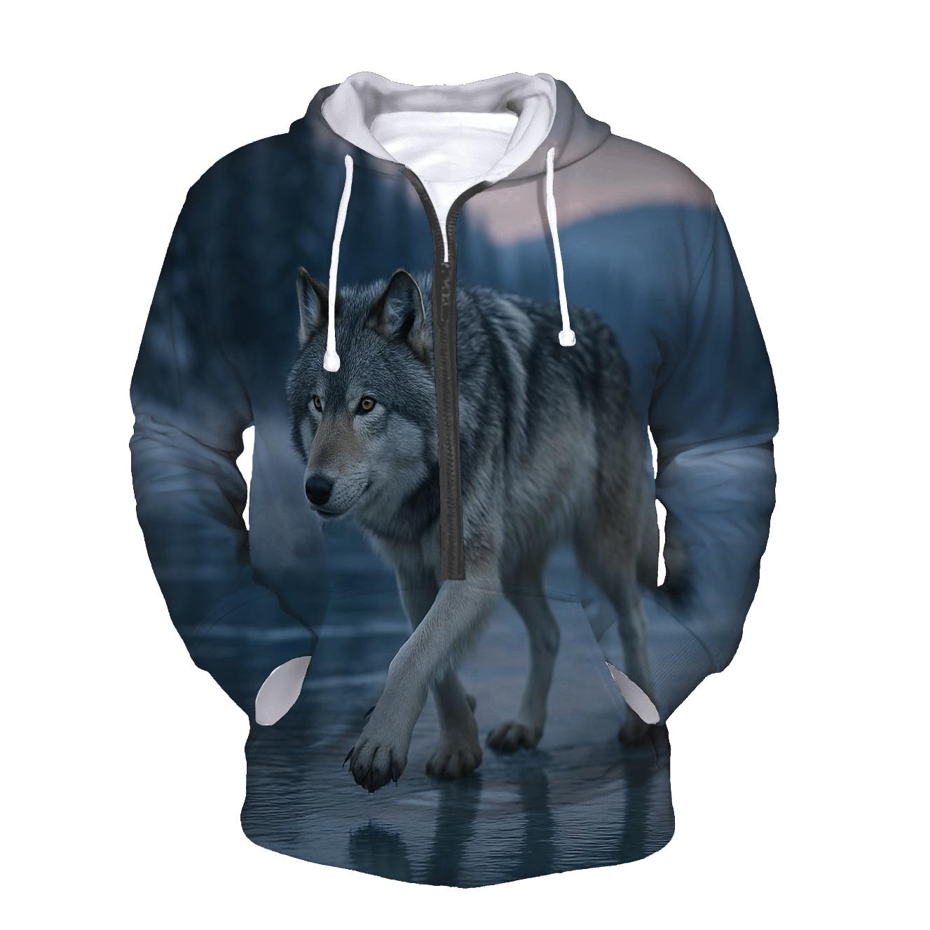 Wolf On Frozen River Crossing printed hoodies