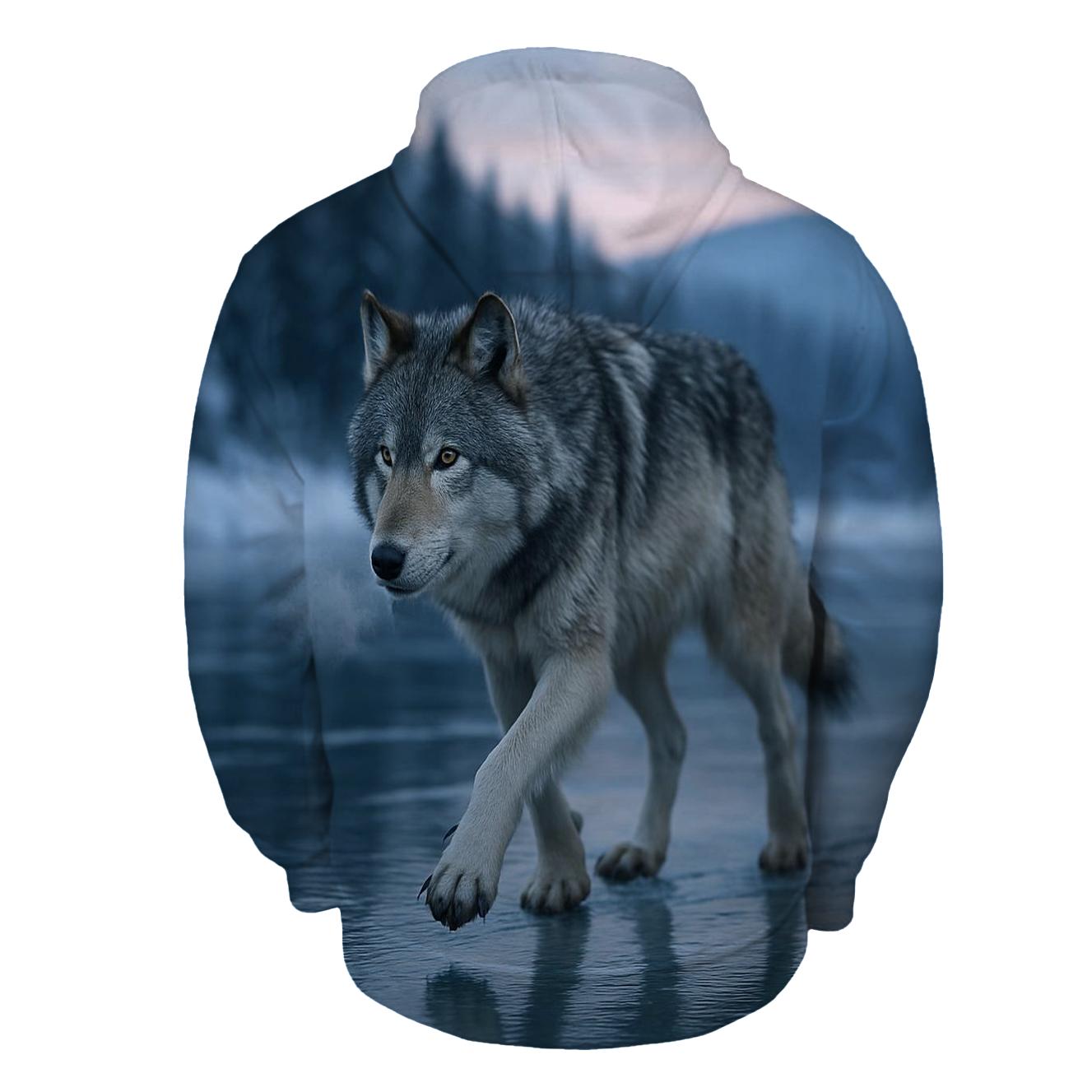 Wolf On Frozen River Crossing printed hoodies