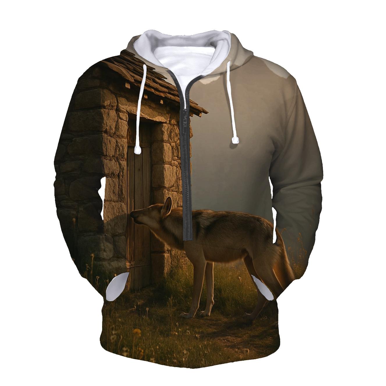 Wolf Inspecting Abandoned Shepherd Hut hoodie designs