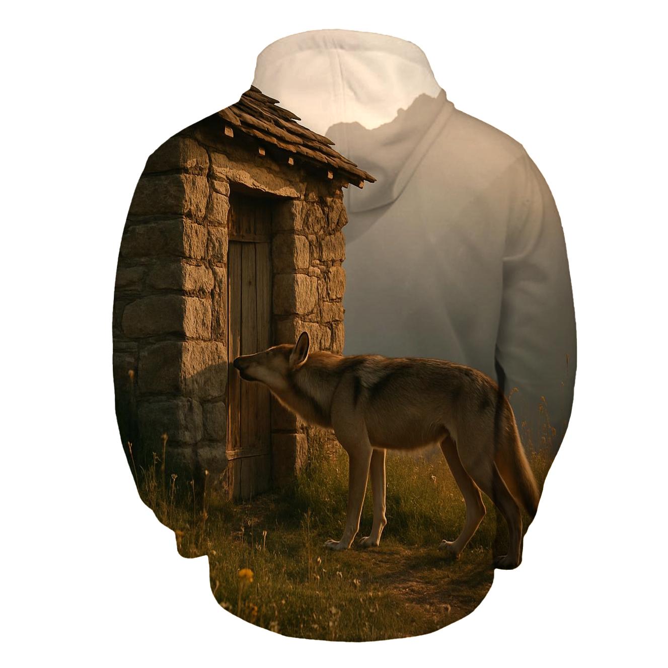 Wolf Inspecting Abandoned Shepherd Hut hoodie designs