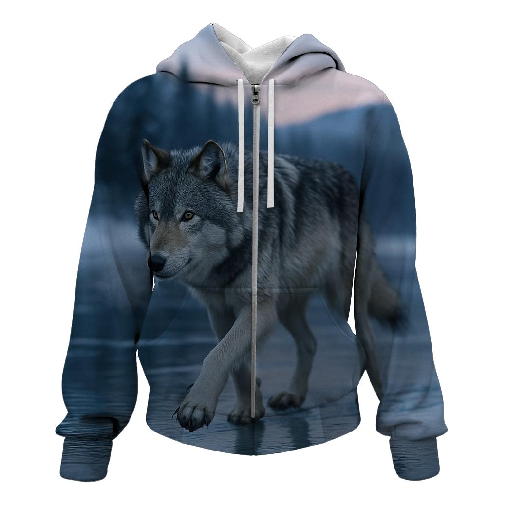 Wolf On Frozen River Crossing zip-up hoodies