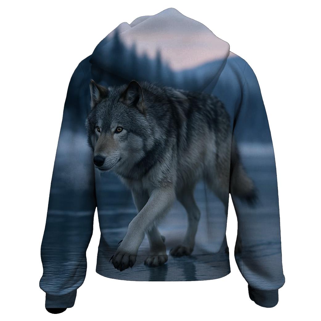 Wolf On Frozen River Crossing zip-up hoodies