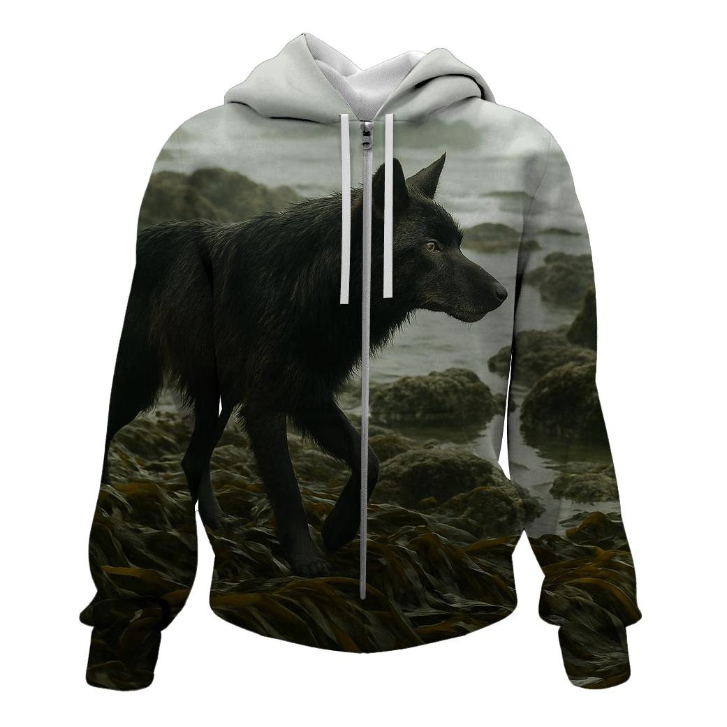 Coastal Wolf In Kelp Forest Shoreline zip-up hoodies