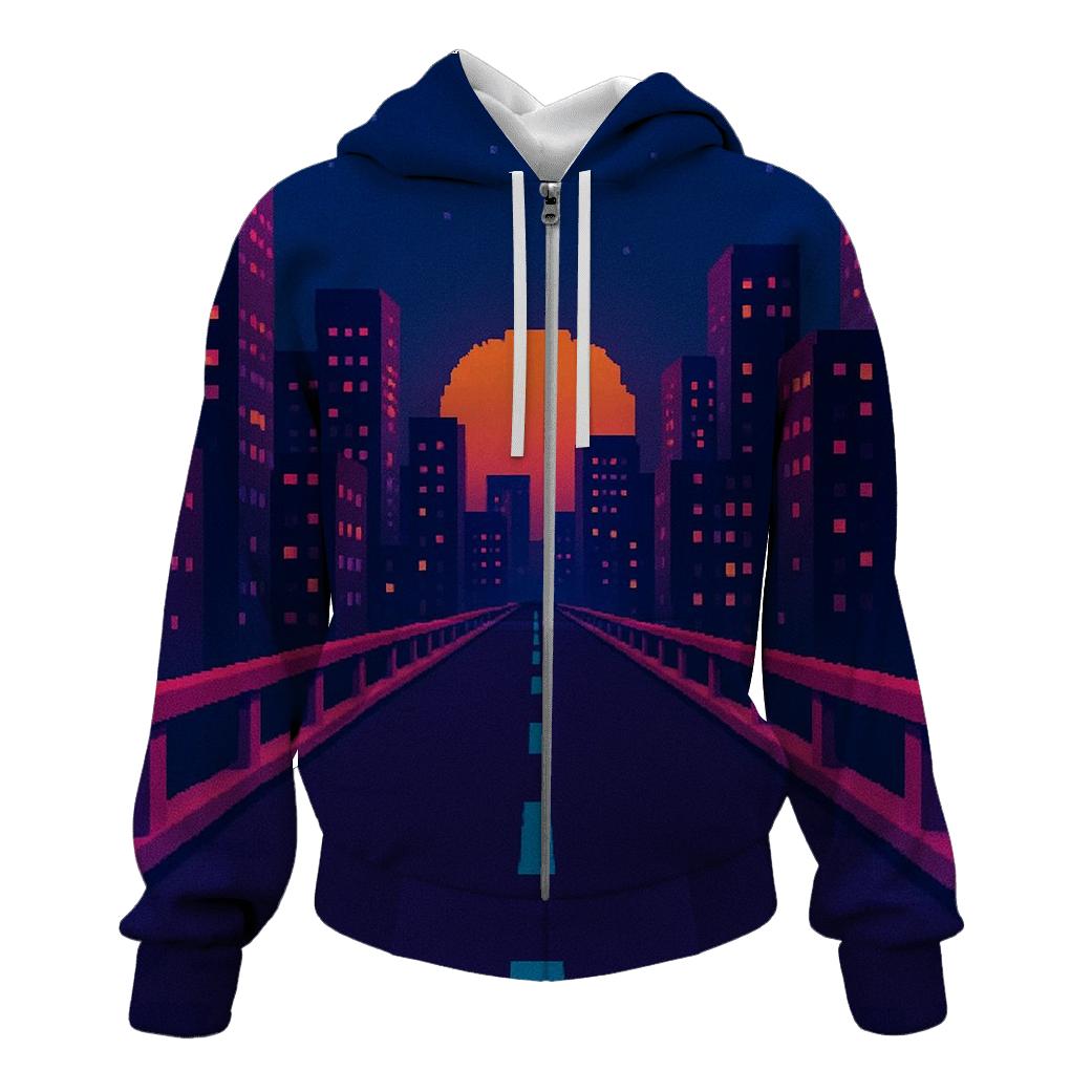 Pixel Night Drive Highway zip-up hoodies