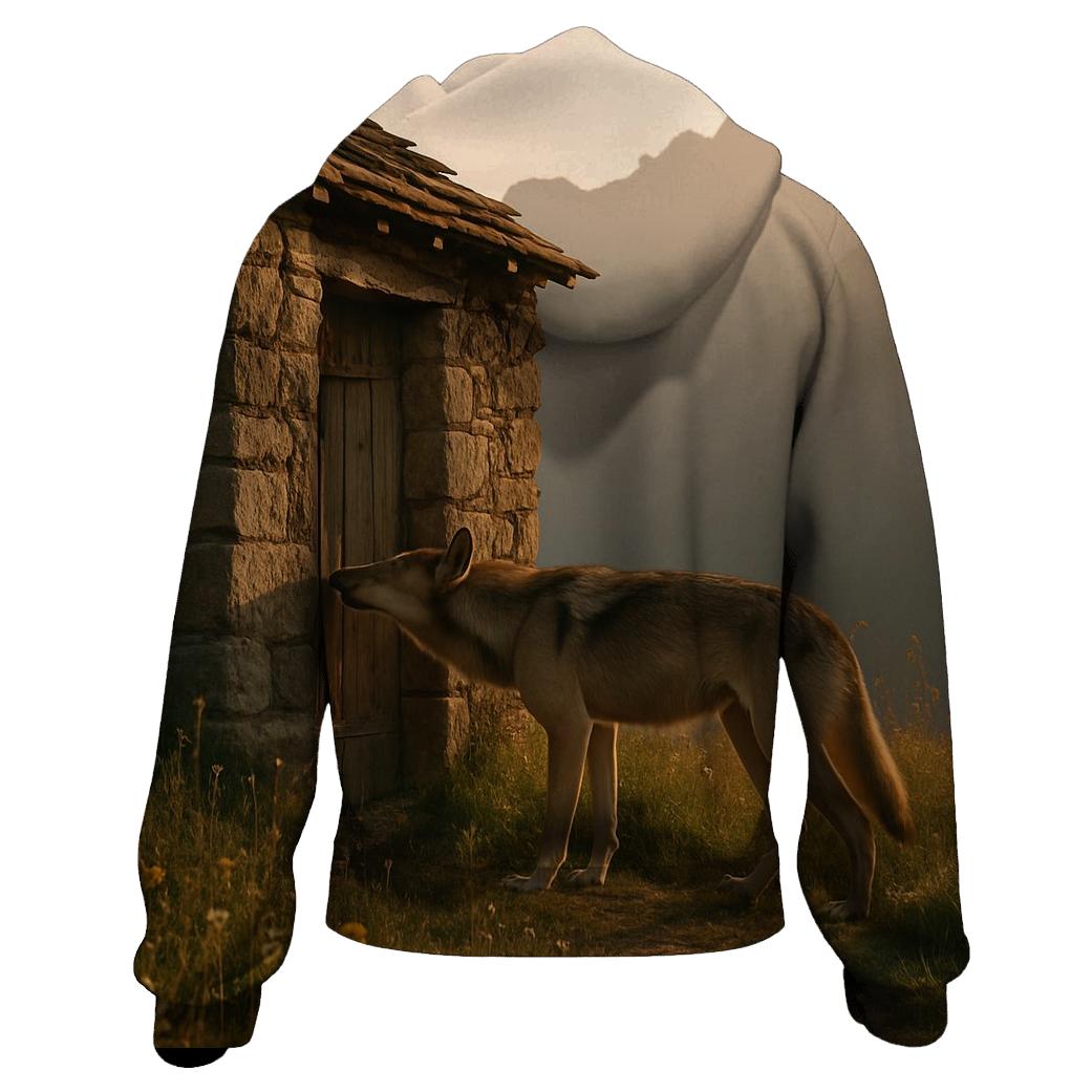 Wolf Inspecting Abandoned Shepherd Hut hoodie designs