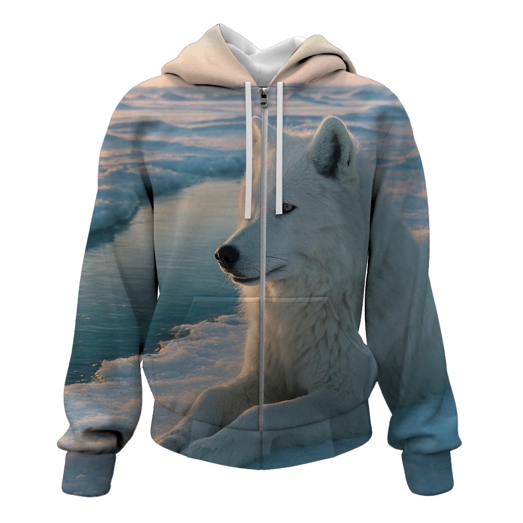Arctic Wolf Resting By Thawing Ice Lead embroidered hoodies