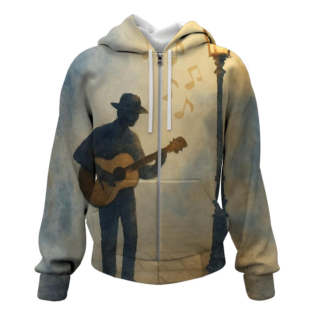 Watercolor Street Busker Scene graphic hoodies