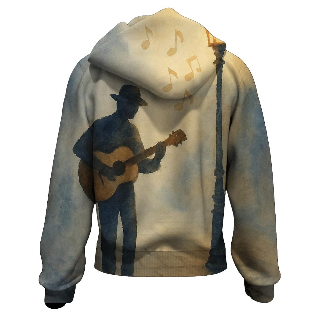 Watercolor Street Busker Scene graphic hoodies