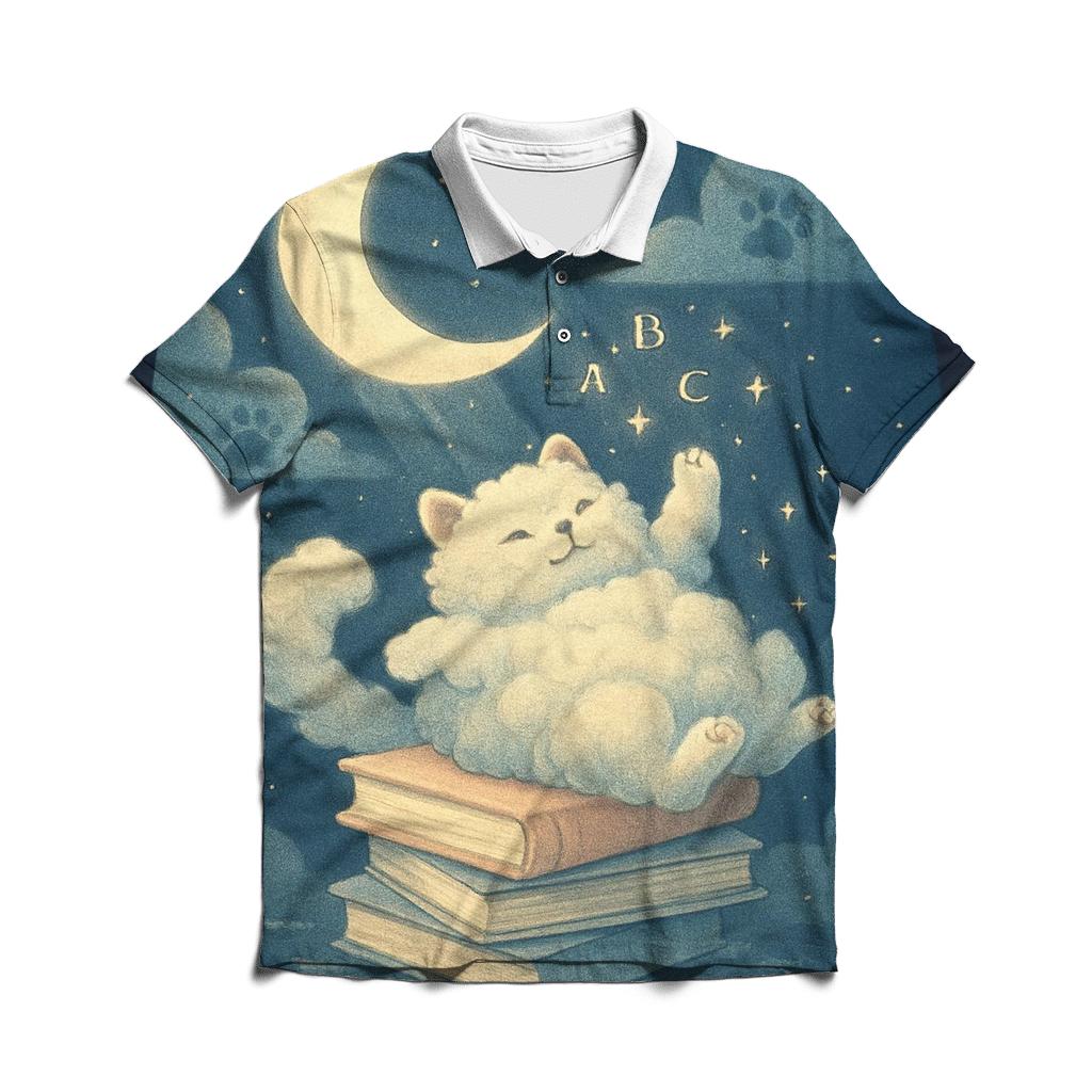 Moonlit Library Cat Cloud premium cotton polo shirts