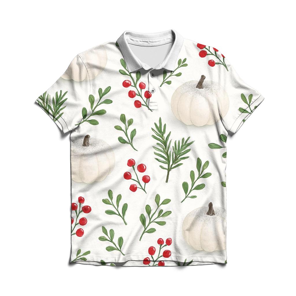 Snow Dusted Pumpkin Forest Scatter On White casual sports polo shirts