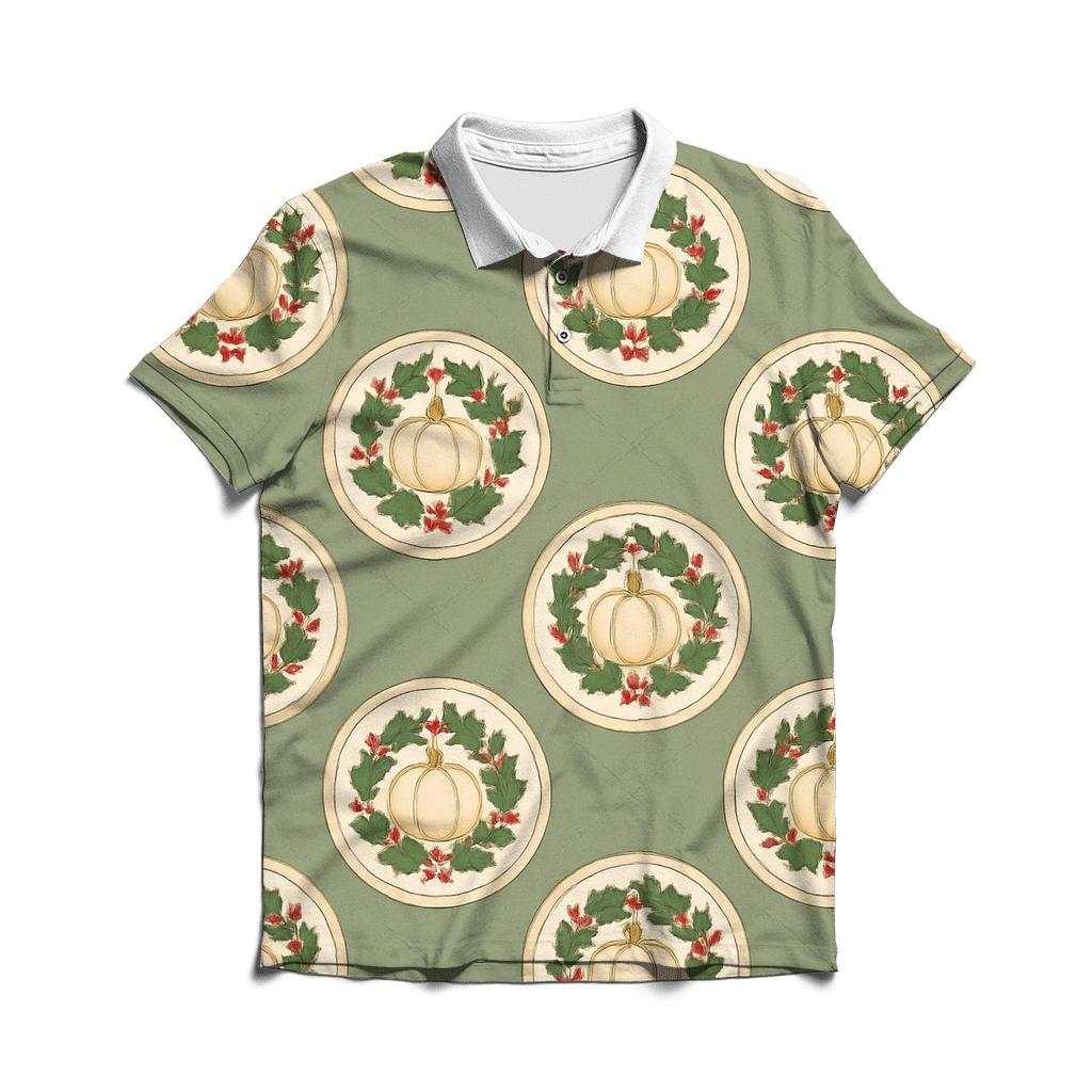 Holly Wreath Pumpkin Medallion Repeat embroidered polo tops